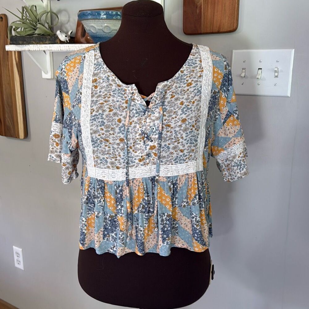 American Eagle patchwork shirt blouse women’s size small blue yellow cottagecore